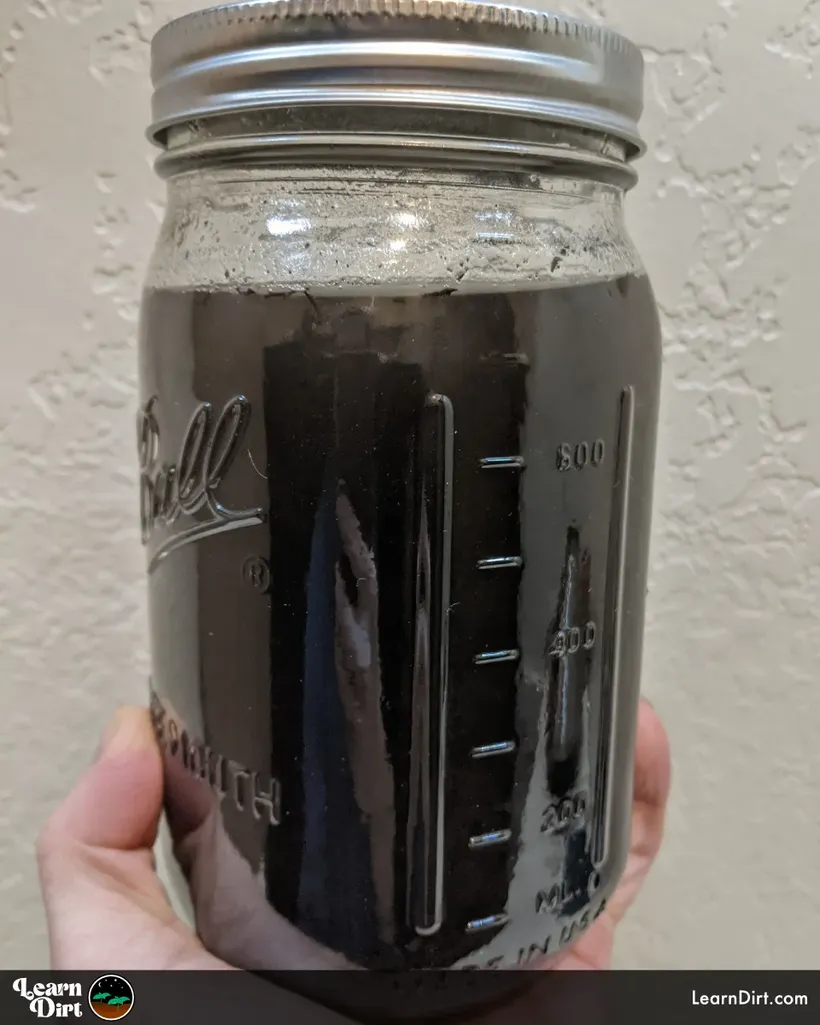 compost tea in a quart mason jar held in hand for garden biology