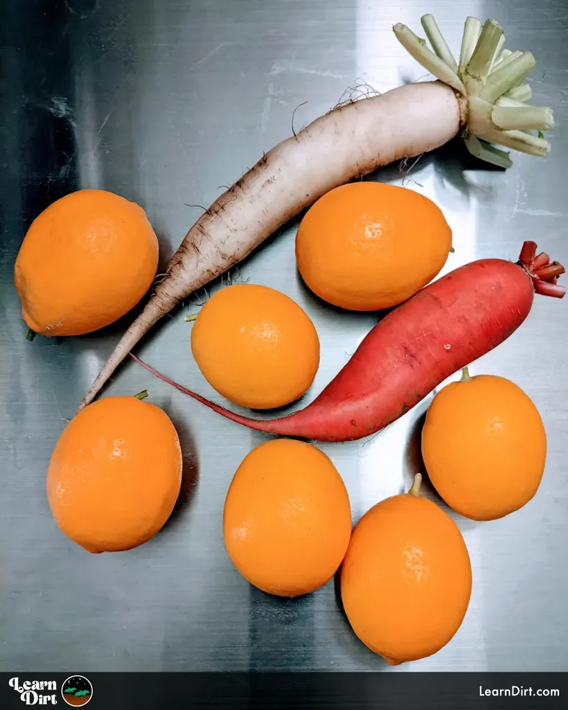 daikon radishes white and red with oranges on steel table organic high contrast