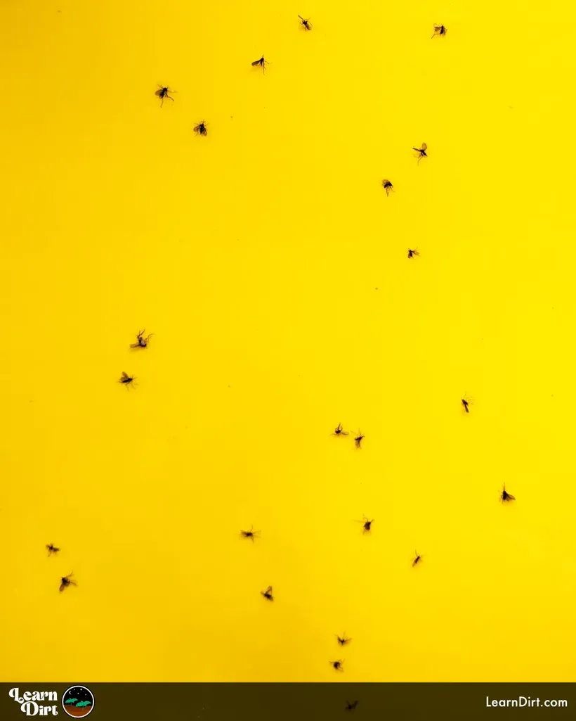 fungus gnats stuck to yellow sticky card up close yellow and black