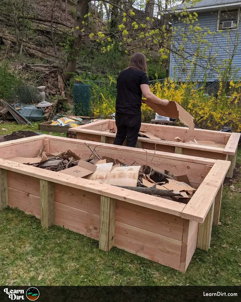 hügelkultur raised beds with logs branches and cardboard