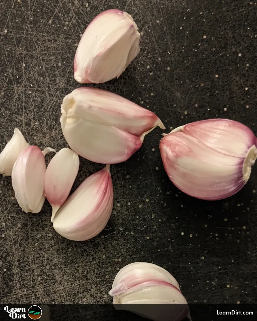 pink hardneck garlic cloves organic black background