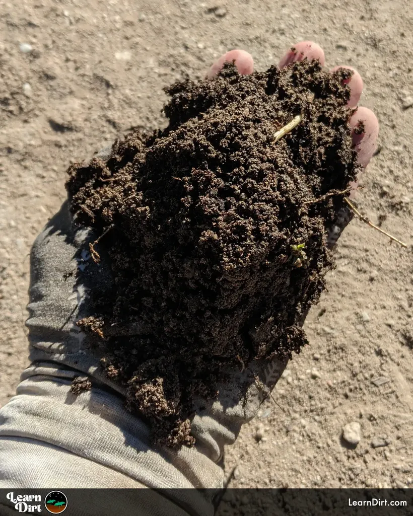 soil rich black held in hand above sandy background